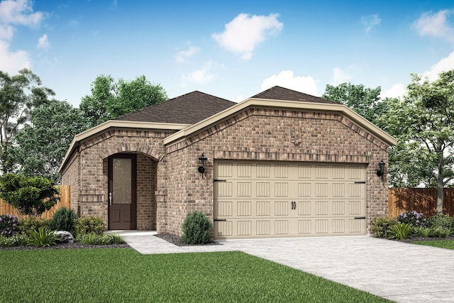 view of front of home with a front yard and a garage