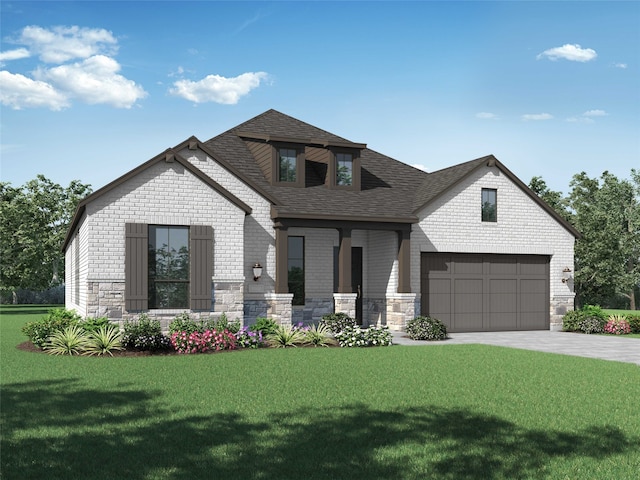 view of front of home featuring a porch, a garage, and a front lawn