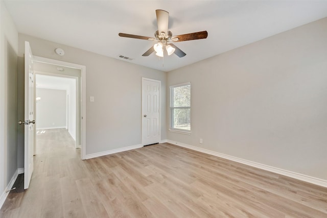 spare room featuring ceiling fan and light hardwood / wood-style floors