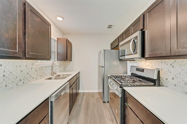 kitchen featuring appliances with stainless steel finishes, light wood-type flooring, backsplash, dark brown cabinetry, and sink