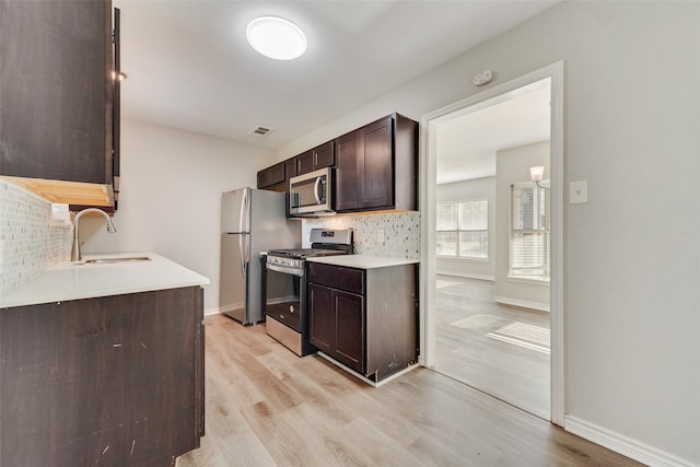 kitchen with decorative backsplash, appliances with stainless steel finishes, dark brown cabinets, sink, and light hardwood / wood-style flooring