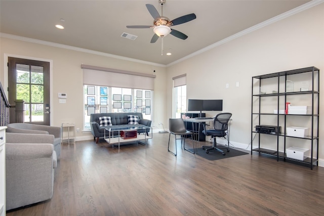 office space featuring crown molding, ceiling fan, and dark wood-type flooring