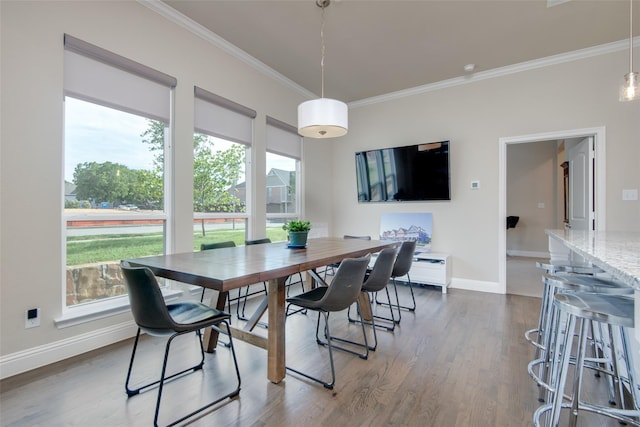 dining area with crown molding and dark wood-type flooring