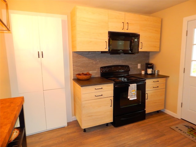 kitchen featuring black appliances, decorative backsplash, dark wood-type flooring, and light brown cabinetry