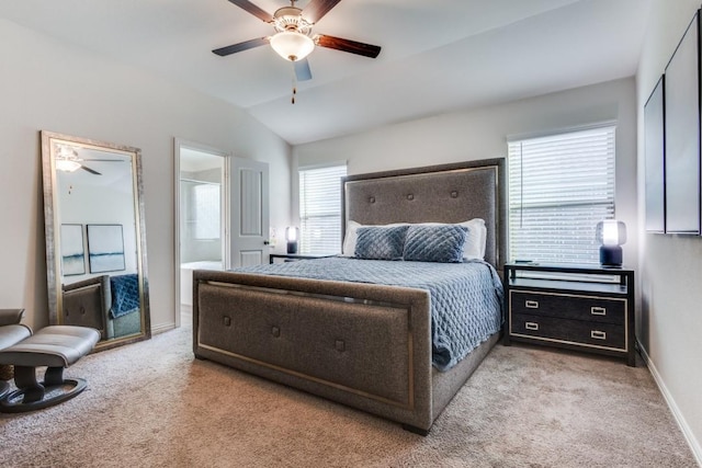 carpeted bedroom featuring ceiling fan and lofted ceiling