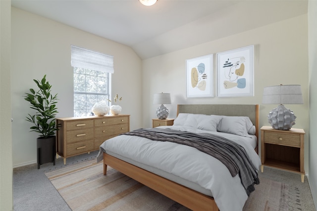 bedroom with lofted ceiling and light colored carpet