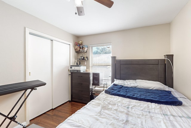 bedroom with ceiling fan, dark hardwood / wood-style floors, and a closet