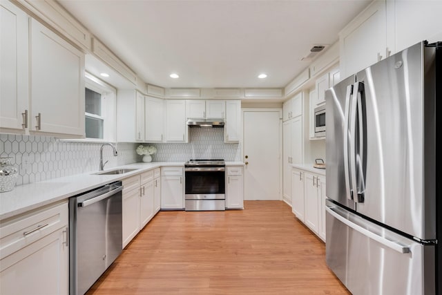 kitchen featuring tasteful backsplash, white cabinetry, sink, and appliances with stainless steel finishes