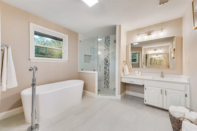 bathroom with separate shower and tub and vanity