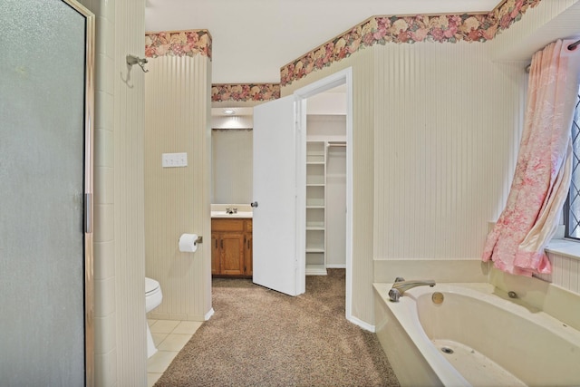 full bathroom with vanity, toilet, independent shower and bath, and tile patterned flooring