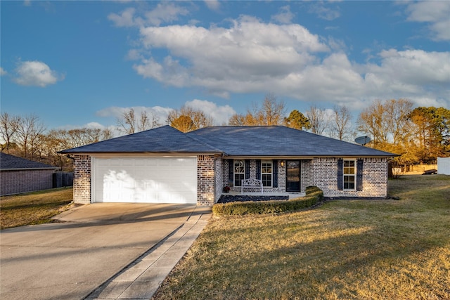 ranch-style home with a front lawn, a porch, and a garage