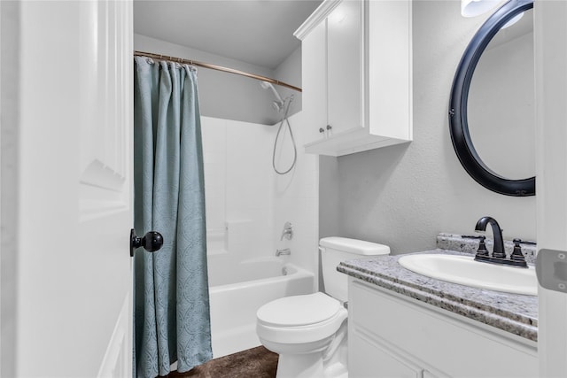 full bathroom featuring toilet, shower / bath combo, and vanity