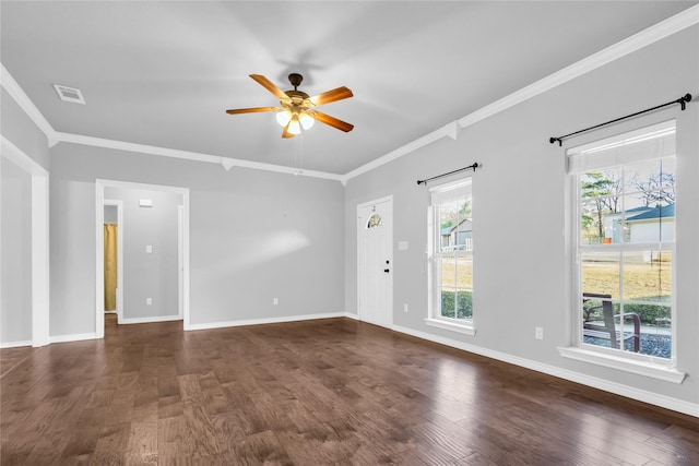 unfurnished living room featuring ceiling fan, dark wood-type flooring, and ornamental molding