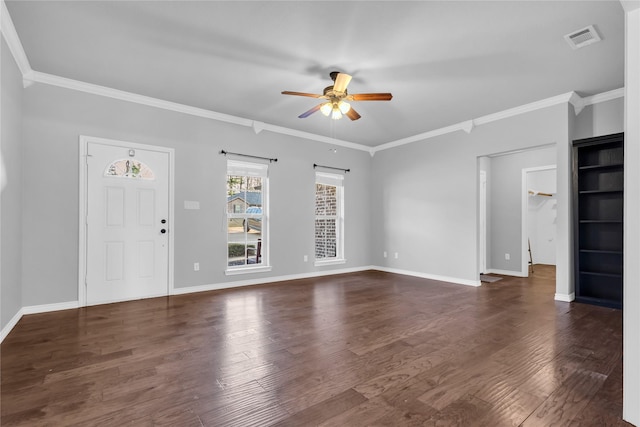 unfurnished living room with ceiling fan, dark hardwood / wood-style floors, and ornamental molding