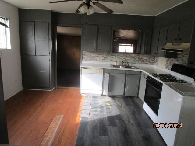 kitchen with gray cabinetry, white appliances, sink, hardwood / wood-style flooring, and tasteful backsplash