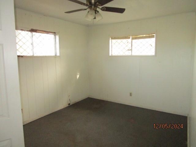 carpeted spare room with ceiling fan