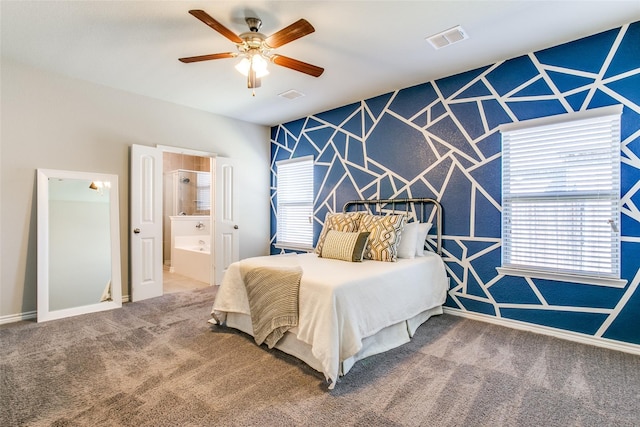 bedroom featuring ceiling fan, carpet floors, and ensuite bathroom