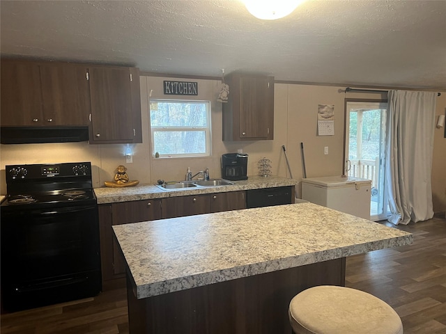 kitchen with a healthy amount of sunlight, sink, black electric range oven, and dark wood-type flooring