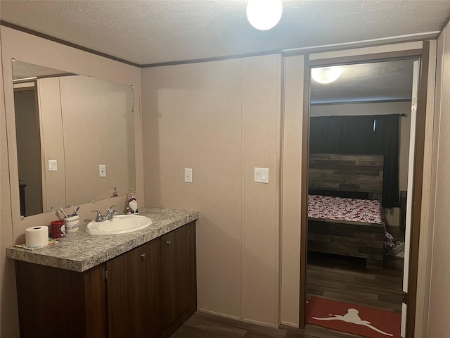 bathroom with vanity, a textured ceiling, and hardwood / wood-style flooring