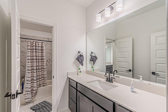 bathroom with shower / bath combo with shower curtain and vanity