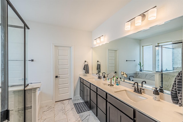 bathroom featuring plus walk in shower and vanity