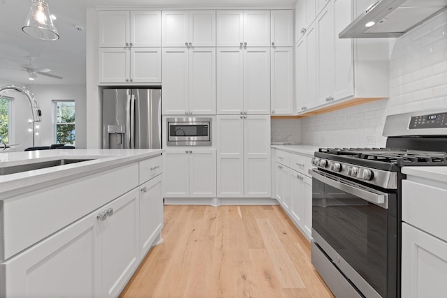 kitchen with sink, exhaust hood, white cabinets, and appliances with stainless steel finishes