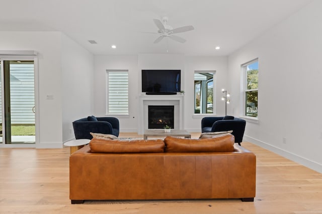 living room with ceiling fan and light hardwood / wood-style flooring