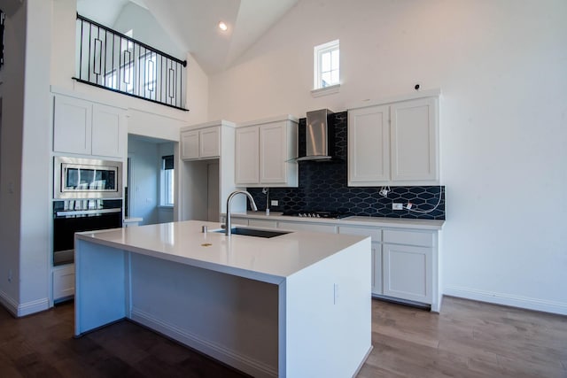 kitchen with sink, appliances with stainless steel finishes, white cabinetry, an island with sink, and wall chimney exhaust hood