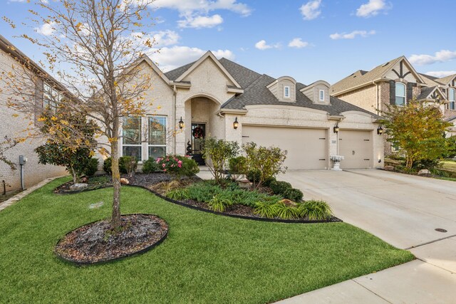 french country inspired facade featuring a garage and a front lawn