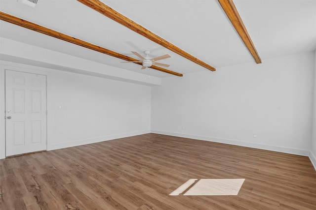 unfurnished living room featuring beamed ceiling, wood-type flooring, and ceiling fan