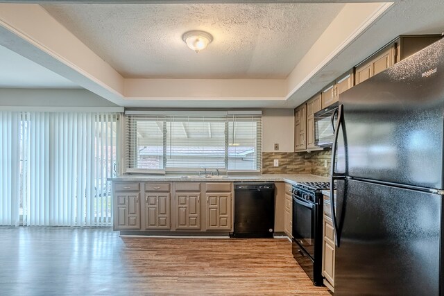 kitchen featuring light hardwood / wood-style flooring, a healthy amount of sunlight, and black appliances