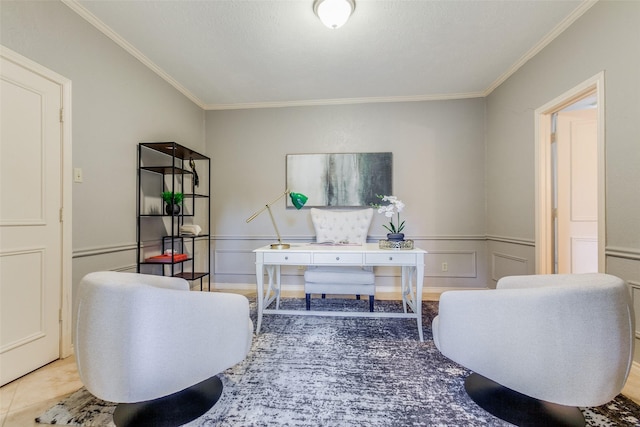 home office featuring tile patterned floors and crown molding