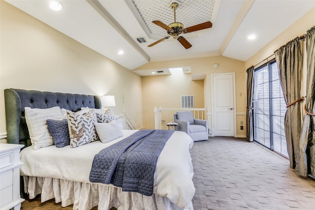 bedroom featuring lofted ceiling, access to outside, ceiling fan, and carpet flooring