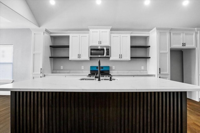 kitchen featuring white cabinetry, a large island, dark wood-type flooring, and light stone counters