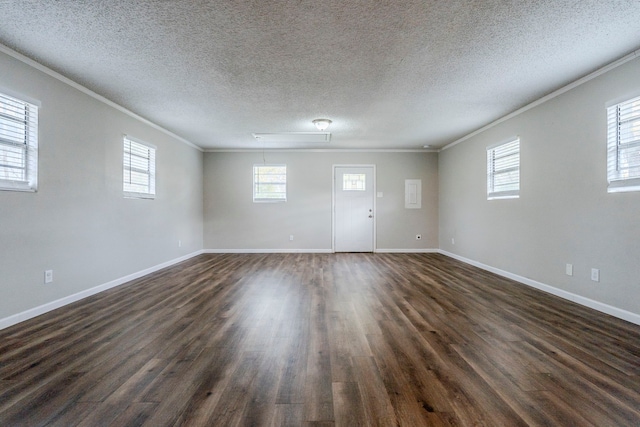 empty room featuring a textured ceiling, dark hardwood / wood-style floors, and a healthy amount of sunlight