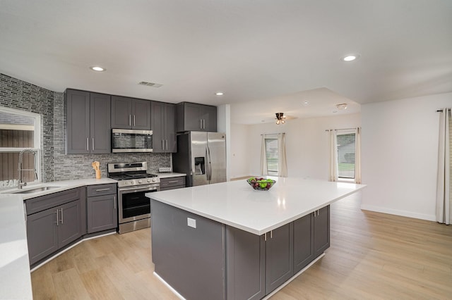 kitchen featuring appliances with stainless steel finishes, light wood-type flooring, tasteful backsplash, sink, and a center island