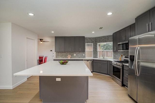 kitchen with sink, a center island, stainless steel appliances, light hardwood / wood-style floors, and backsplash