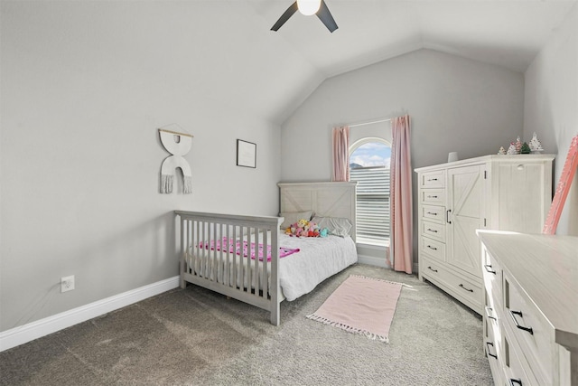 bedroom with carpet, ceiling fan, and lofted ceiling