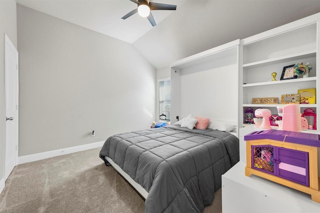 carpeted bedroom with ceiling fan and lofted ceiling