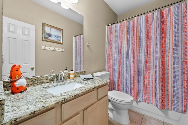 full bathroom featuring vanity, shower / bath combo, tile patterned floors, and toilet