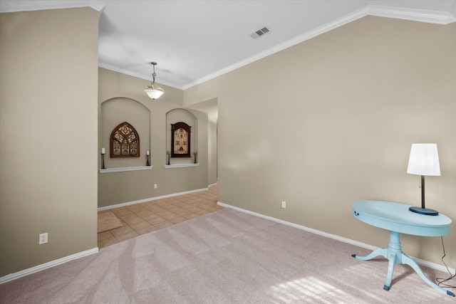 interior space featuring lofted ceiling and ornamental molding