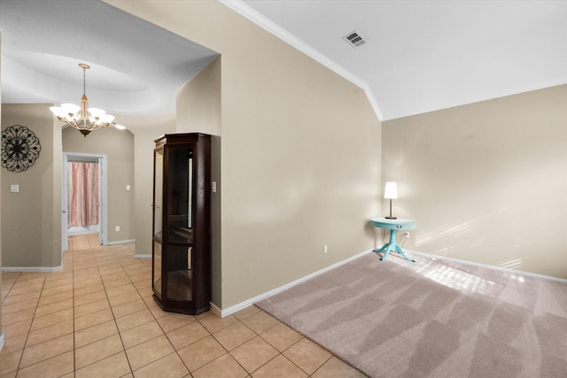 interior space featuring a raised ceiling, crown molding, lofted ceiling, and an inviting chandelier