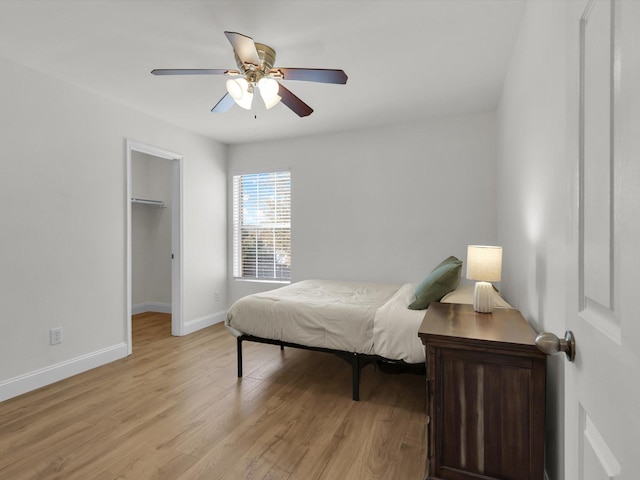 bedroom with a walk in closet, a closet, light hardwood / wood-style flooring, and ceiling fan