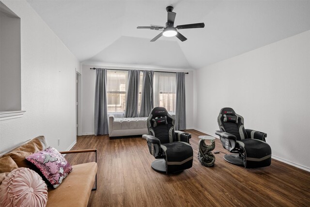 interior space featuring vaulted ceiling, ceiling fan, and hardwood / wood-style floors