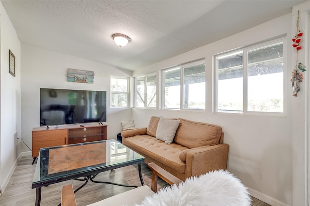 living room featuring a textured ceiling, plenty of natural light, light hardwood / wood-style floors, and vaulted ceiling