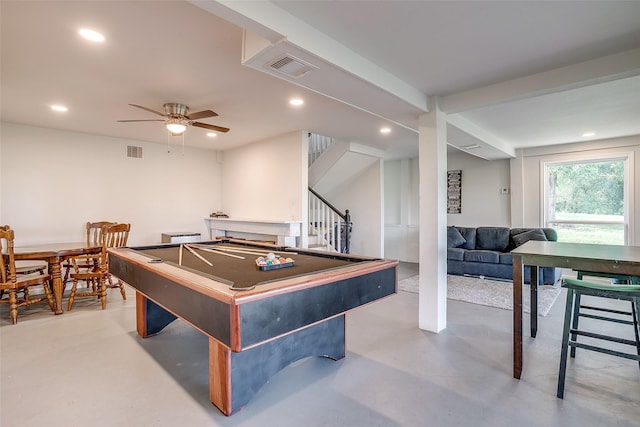 rec room featuring ceiling fan and pool table