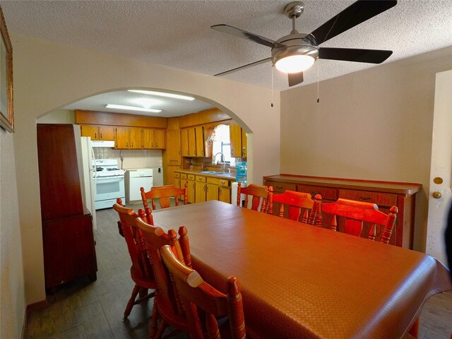 dining area with ceiling fan, sink, dark hardwood / wood-style floors, and a textured ceiling