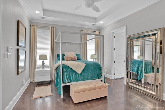 bedroom with a raised ceiling, ceiling fan, and ornamental molding