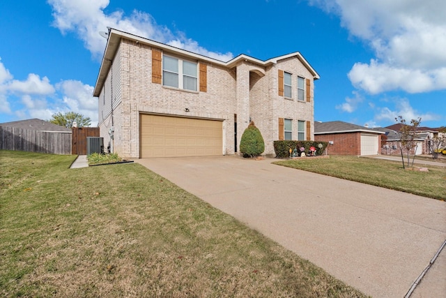 traditional home featuring driveway, brick siding, a front lawn, and fence