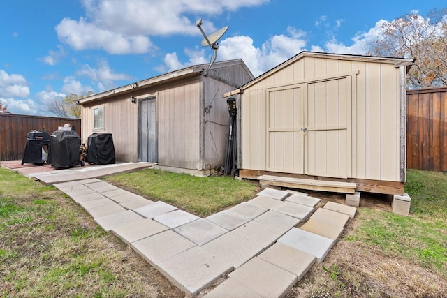 view of shed with a fenced backyard